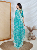 Poly Georgette Geometric Print Saree With Embroidery And Scaloping Work With Unstitched Blouse Piece