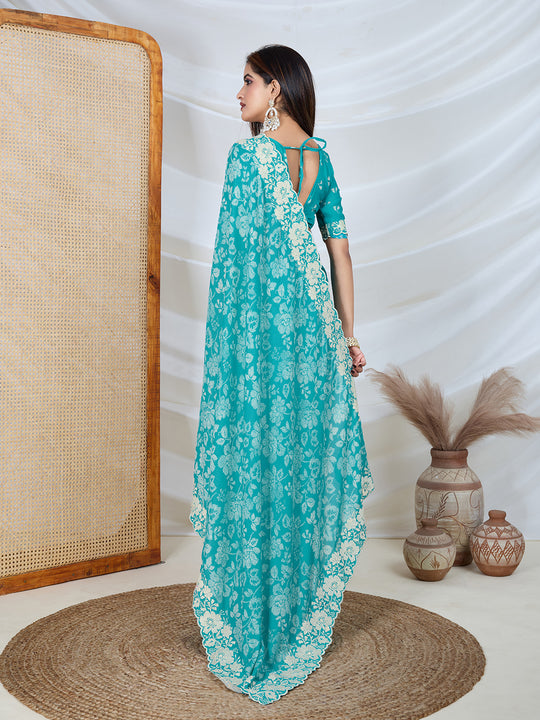 Poly Georgette Geometric Print Saree With Embroidery And Scaloping Work With Unstitched Blouse Piece