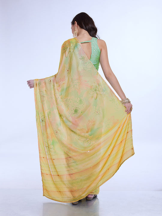 Yellow Poly Chiffon Festive Wear Saree With Blouse Piecde