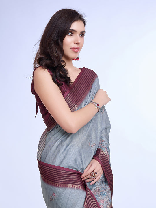 Grey Poly Silk Daily Wear Saree With Blouse Piece