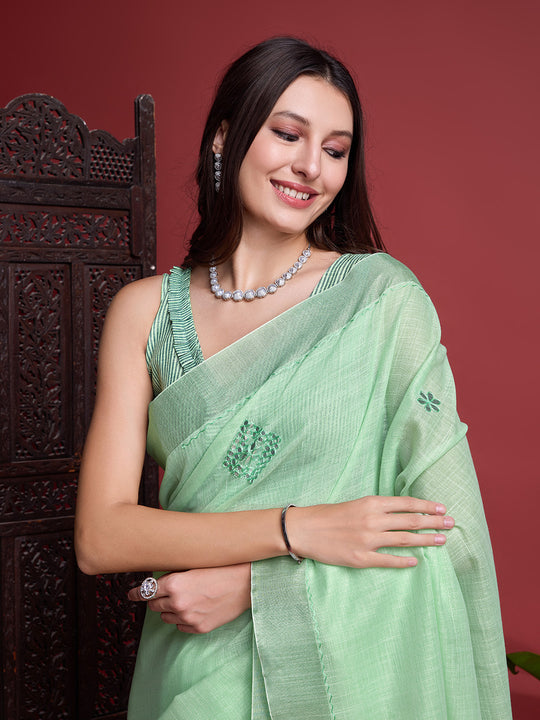 Green Linen Blend Saree With Blouse Piece