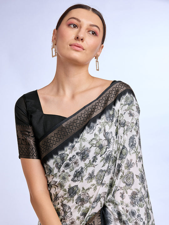 White & Black Dola Silk Saree With Blouse Piece