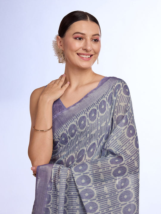 Grey Linen Blend Saree With Blouse Piece