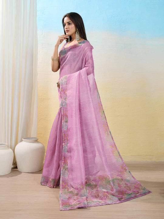 Babypink Organza Zari Woven Printed Saree With Hand-Sequence Embellishment Saree With Blouse Piece