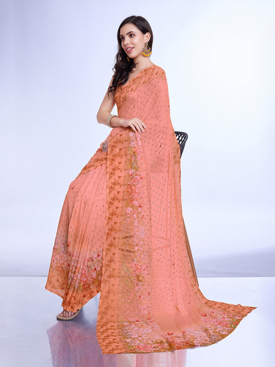Peach Poly Chiffon Festival Saree With Blouse Piece