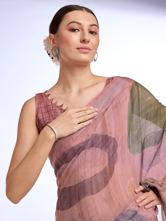Pink Linen Blend Saree With Blouse Piece