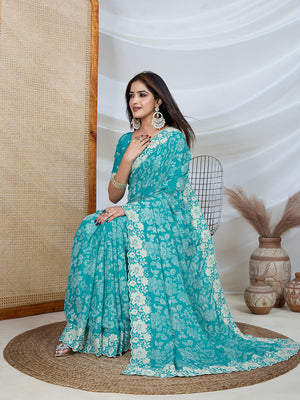 Poly Georgette Geometric Print Saree With Embroidery And Scaloping Work With Unstitched Blouse Piece