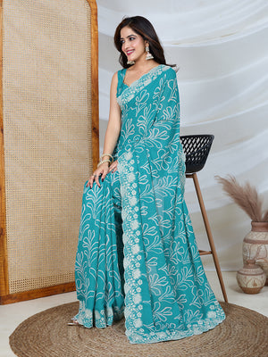 Poly Georgette Geometric Print Saree With Embroidery And Scaloping Work With Unstitched Blouse Piece