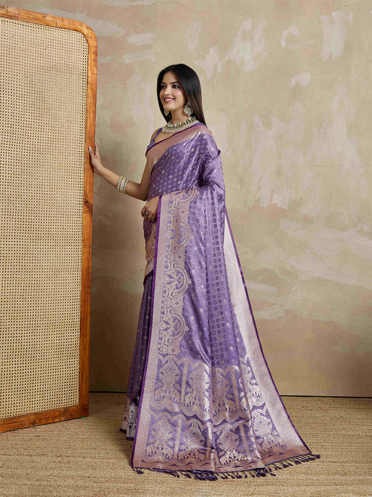 Lavendar Pure Satin Banarasi Saree With Tassels Saree With Blouse Piece