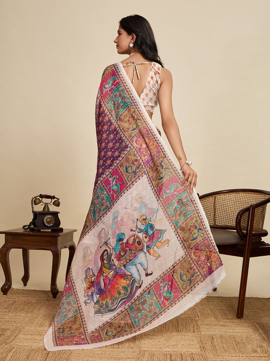 Violet Linen Saree With Jari Border All Over Single Colour Printed Saree With Blouse Piece