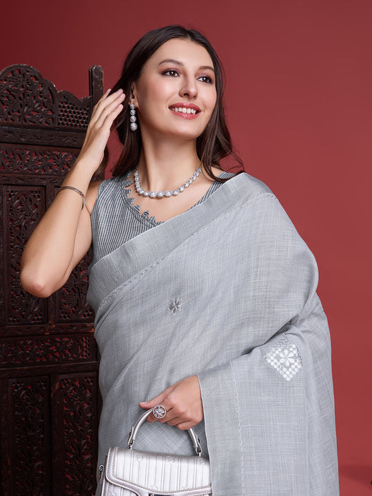 Grey Linen Blend Saree With Blouse Piece