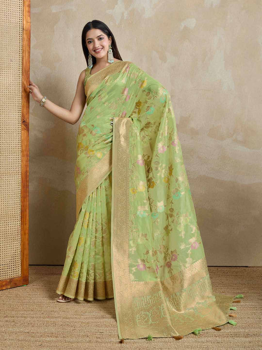 Mintgreen Organza Banarasi Woven Rich Pallu With Blouse Piece