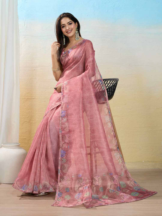 Peach Organza Zari Woven Printed Saree With Hand-Sequence Embellishment Saree With Blouse Piece