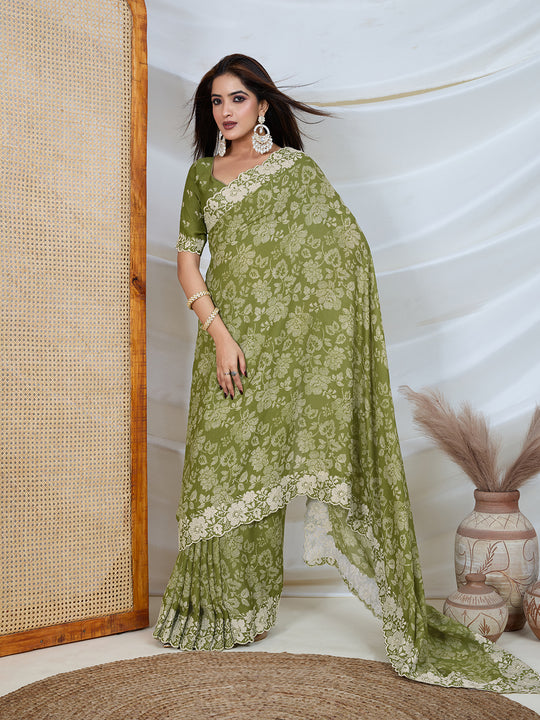 Poly Georgette Geometric Print Saree With Embroidery And Scaloping Work With Unstitched Blouse Piece
