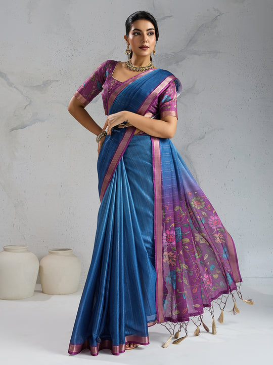 Pure Chiffon Digital Printed Woven Saree With Woven Border And Fancy Tassels