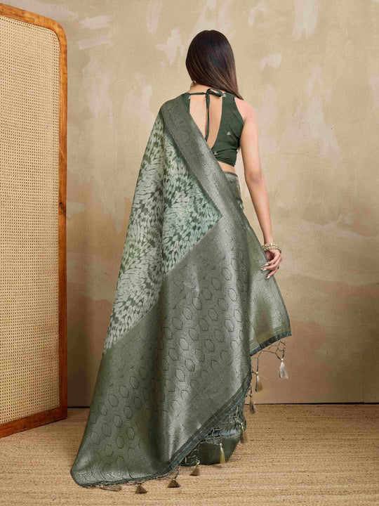 Green Pure Cotton Tie And Dye Printed Banarasi Rich Pallu Saree With Zari Tassels Saree With Blouse Piece