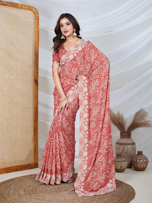 Poly Georgette Geometric Print Saree With Embroidery And Scaloping Work With Unstitched Blouse Piece