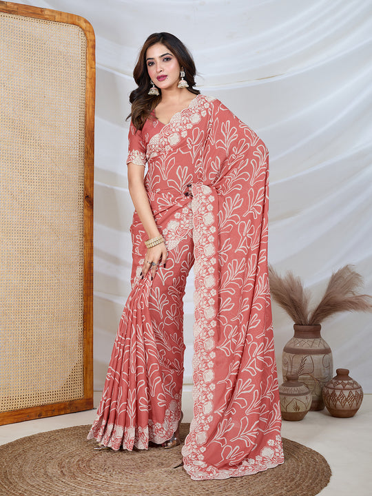 Poly Georgette Geometric Print Saree With Embroidery And Scaloping Work With Unstitched Blouse Piece