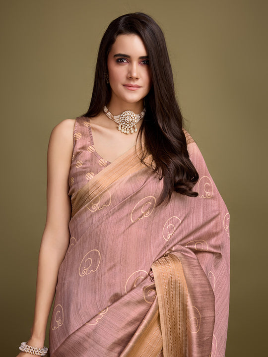 Peach Silk Blend Saree With Blouse Piece