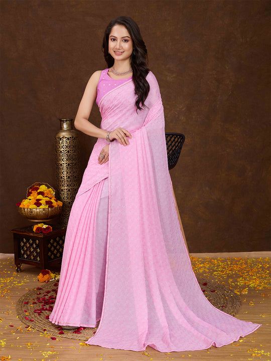 Pink Crepe Georgette Gold Foil Embellished Printed Saree With Blouse Piece