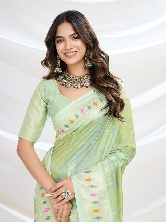 Pista Green Handloom Silk Festive Wear Saree With Blouse Piece