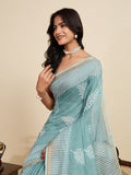 Sage Green Linen Saree With Jari Border All Over Single Colour Printed Saree With Blouse Piece