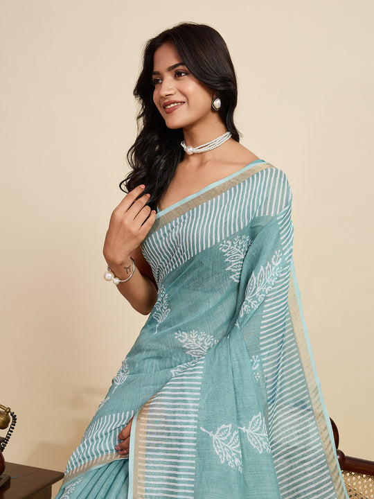 Sage Green Linen Saree With Jari Border All Over Single Colour Printed Saree With Blouse Piece