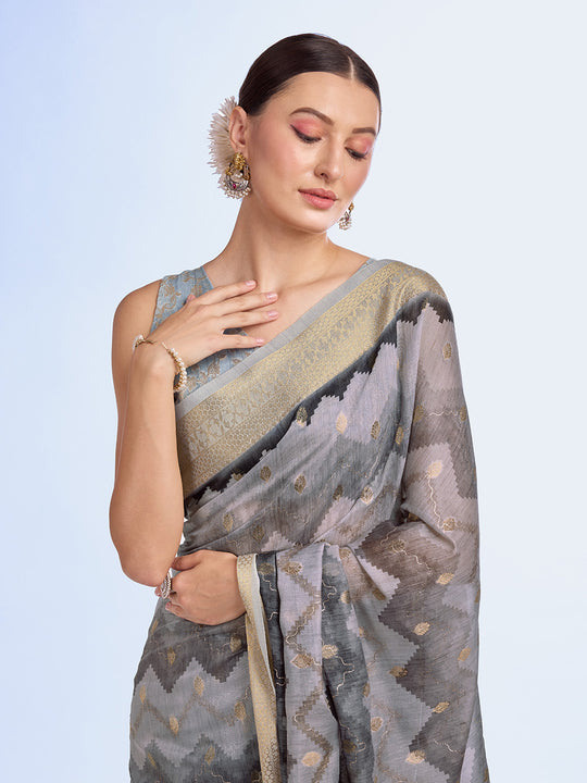 Grey Cotton Blend Saree With Blouse Piece