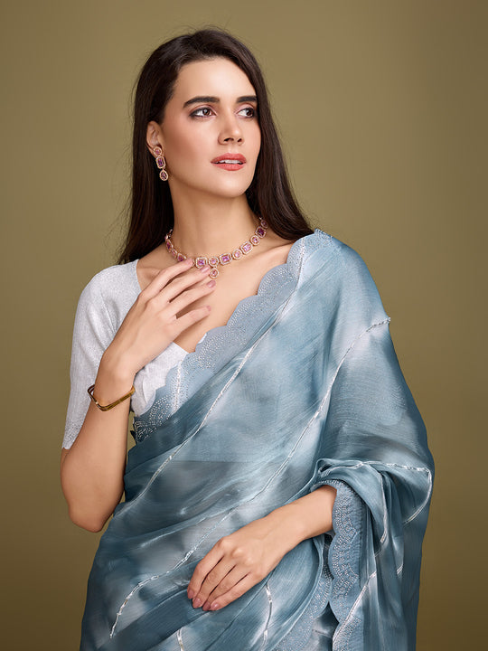 Grey Organza Party Wear Saree With Blouse Piece