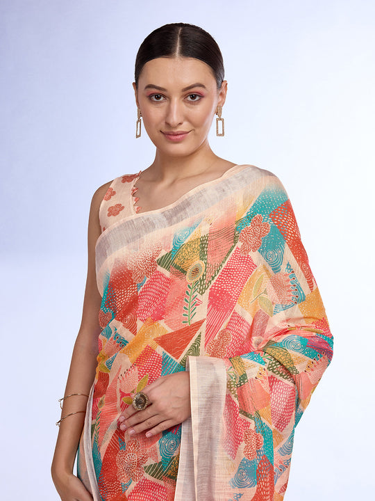 Red Linen Blend Saree With Blouse Piece