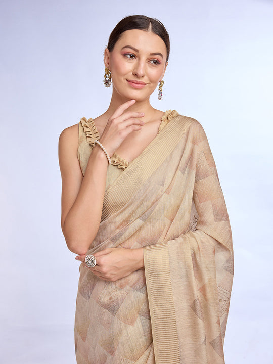 Cream Tissue Linen Blend Saree With Blouse Piece