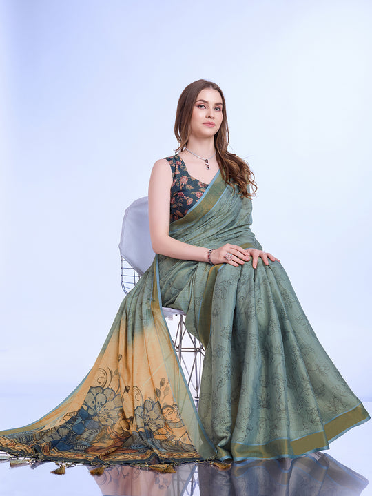 Sea Green Poly Silk Festival Saree With Blouse Piece