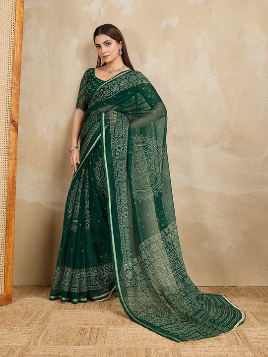 Pure Chiffon Bandhani Printed Saree With Viscose Woven Border And Blouse Piece