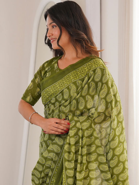 Soft Pure Cotton Hand Bagru Print Sarees With Blouse Pice