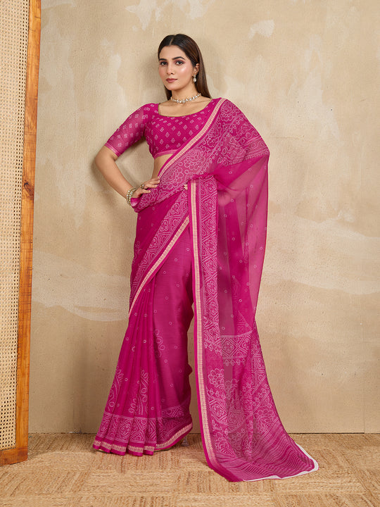 Pure Chiffon Bandhani Printed Saree With Viscose Woven Border And Blouse Piece