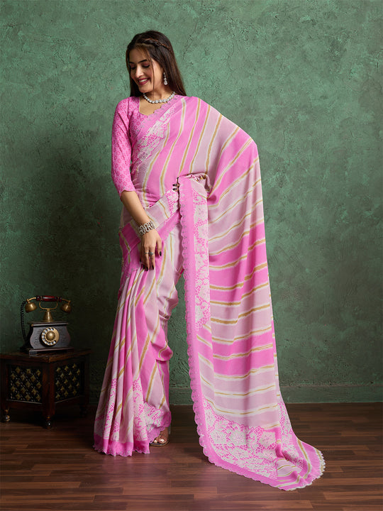 Poly Chiffon Leheriya Printed Saree With A Floral Touch And Swaroski Work With Scalloping