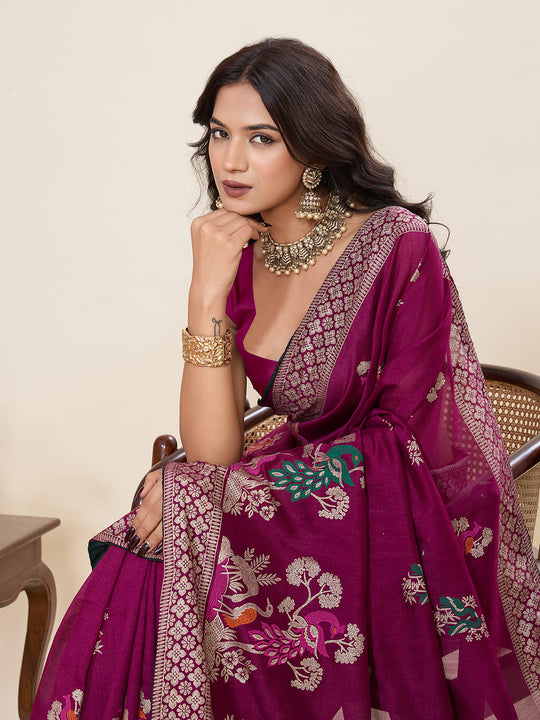 Violet Cotton Saree With All Over Light Single Colour With Table Printed And Border Piping Saree With Blouse Piece