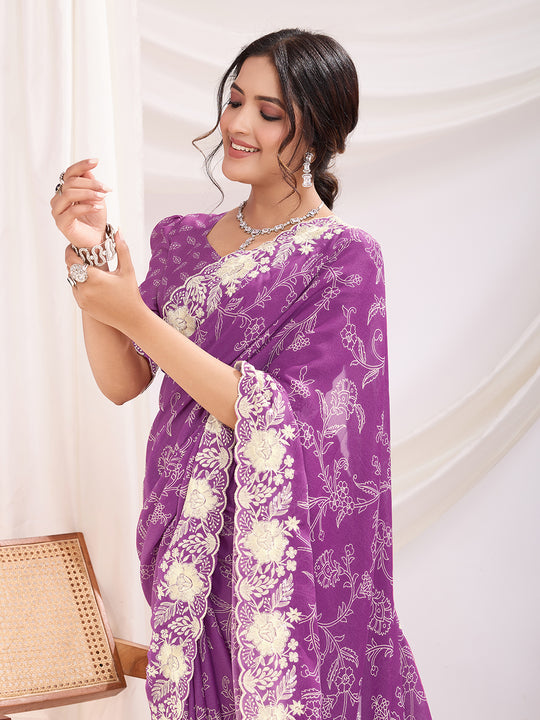 Purple Poly Georgette Festive Wear Saree With Blouse Piece