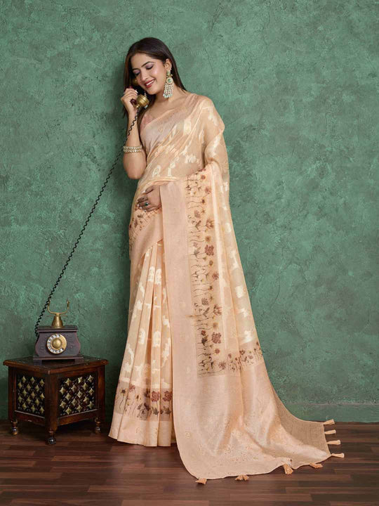 Beige Pure Cotton Lucknowi Woven Printed Saree With Tassels Saree With Blouse Piece