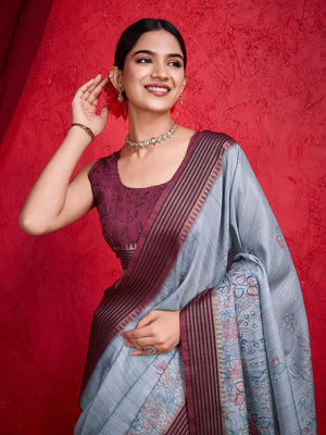 Grey Poly Silk Festival Saree With Blouse Piece