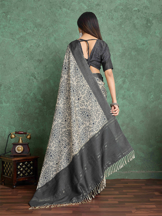 Milkywhite Pure Handloom Tussar Woven Pallu Ajrakh Printed With Blouse Piece