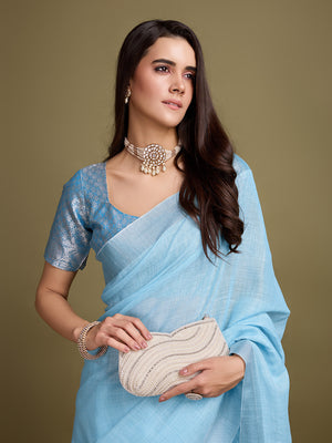 Blue Linen Blend Daily Wear Saree With Blouse Piece