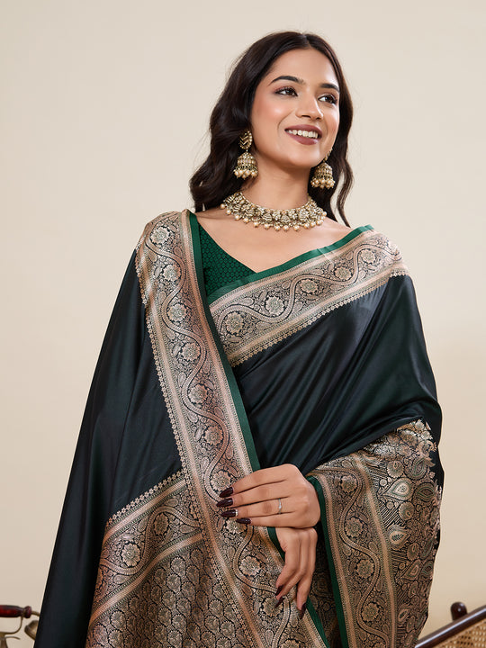 Green Pure Satin Silk Gala Border Concept Weaved With Jari And Minakari Rich Pallu Saree With Blouse Piece