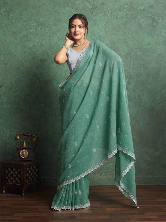 Pure Georgette Solid Embroidered Saree With Scalloping And Fancy Blouse