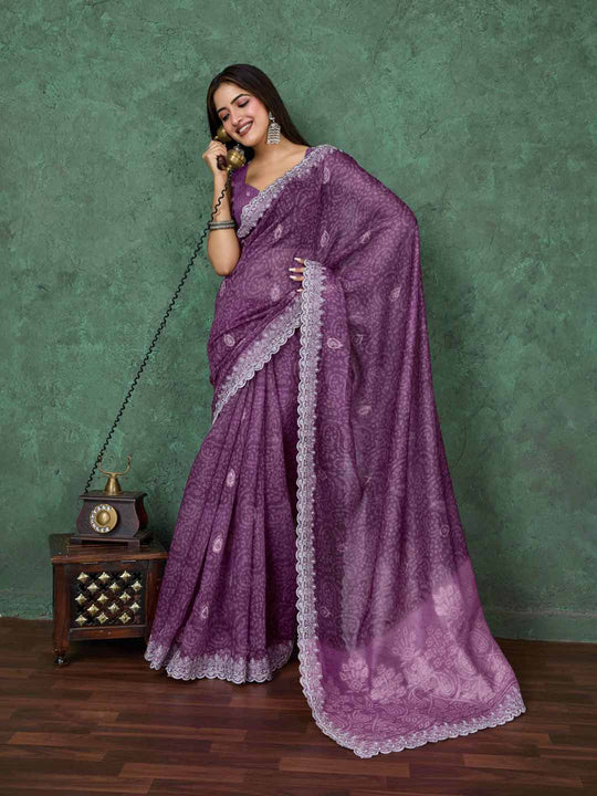 Wine Cotton Banarasi Printed Saree With Thread Embroidery Scalloping  Saree With Blouse Piece