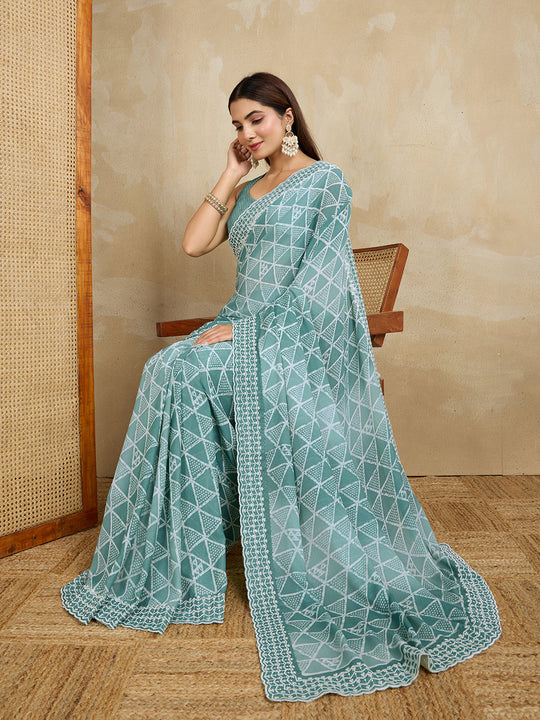 Poly Georgette Geometric Printed Saree With Embroidered Border And Blouse Piece