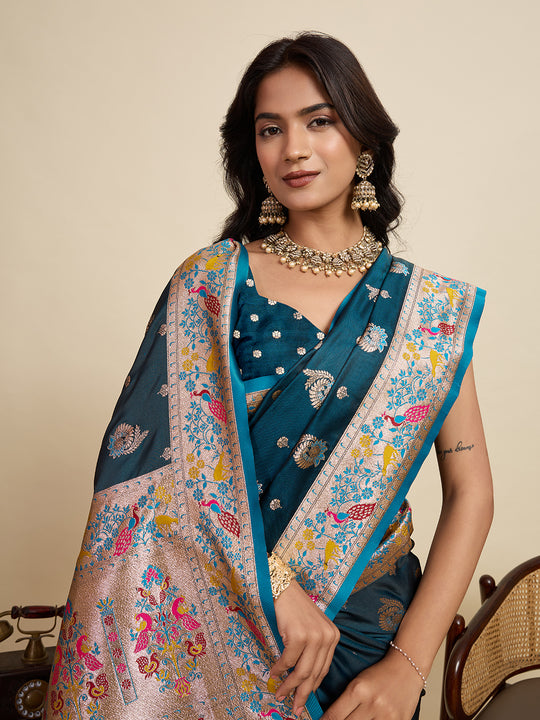 Teal Blue Soft Silk Sarees Premium Two Tone Satin Fabric With Unique Pathani Designs Saree With Blouse Piece