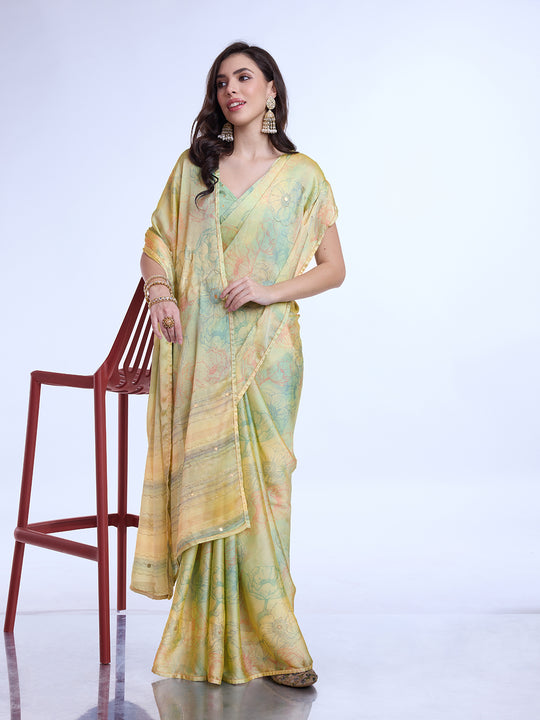 Sea Green Poly Chiffon Festive Wear Saree With Blouse Piecde