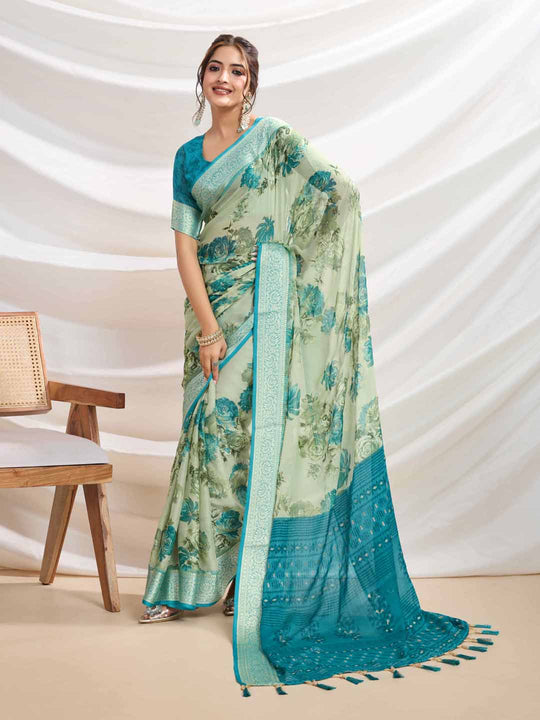 Light Green Silk Chiffon Viscose Border Floral Printed Saree Saree With Blouse Piece