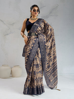 Poly Silk Woven Floral Digital Printed Saree With Woven Jacquard Border And Fancy Tassels